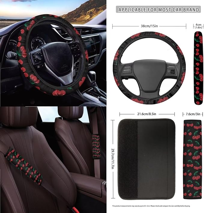 Wanyint Cherry Black 15 Pcs Car Seat Cover Full Set with Auto Steering Wheel Cover Seat Belt Strap Pads Cup Coasters Trash Bag Air Vent Storage Bag Rearview Mirror Cover Keychain Auto Interior Decor