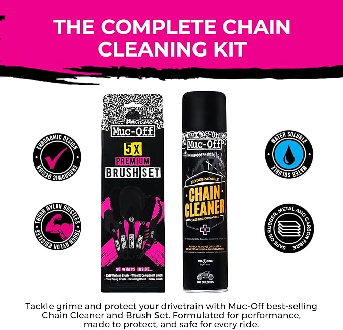 Muc-Off Motorcycle Chain Cleaner + 5x Bike Brush Kit | Motorcycle Chain Degreaser Cleaner with Chain Cleaning Brush Set | Instant Grease Cutting Formula | Easy to Use