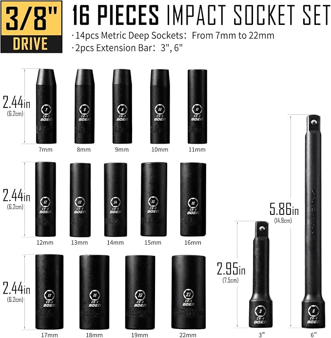BOEN 31 Piece 3/8" Drive Impact Socket Set | SAE 1/4" to 1"| Metric 7 to 22mm | Includes 3", 6" Extension Bars, 6 Point Design, Cr-V Steel, Heavy Duty Storage Case