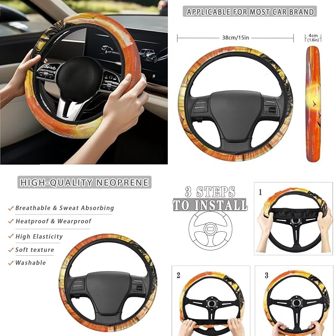 Sunset Tropical Palm Car Seat Cover Full Set Automotive Steering Wheel Covers Auto Seatbelt Pads Coaster Trash Can Rear View Mirror Cover Car Coasters Keychain 15 Packs