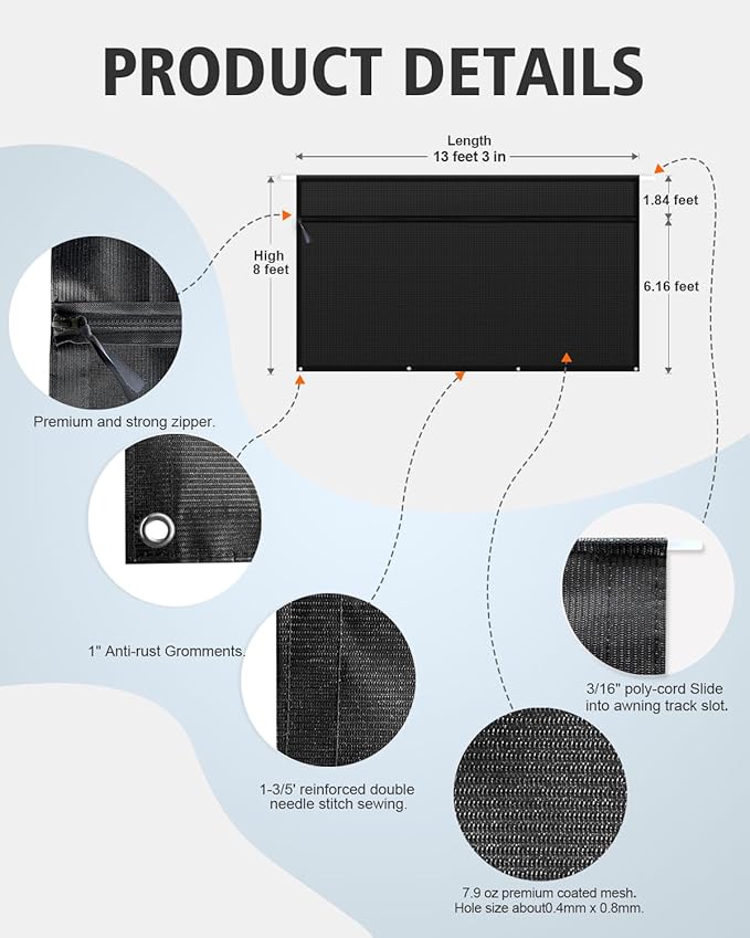 Dulepax RV Awning Shade Screen with Zipper 8'X13'3'' -Second Generation RV Awning Screen Significantly Improves Shadew and Privacy.Universal RV Awning Sun Shade Screen with Complete Kits