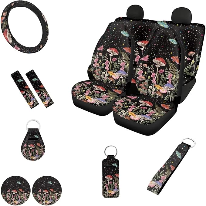 Butterfly Mushroom Auto Seat Covers Universal Fit Car Steering Wheel Cover+2PCS Shoulder Seat Belt+2 Pcs Coaster+2 Pcs Key Chain+1 Pcs Chapstick Holder Pouch Mushroom Decor Accessories