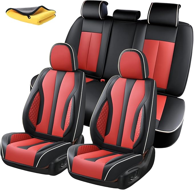 5-Seater Car Seat Covers Full Set, Fit for Front and Rear Seats of Cars, Waterproof and Breathable Nappa Leather, Compatible with Airbags, Car Seat Protector Covers for Most Cars - Black Red