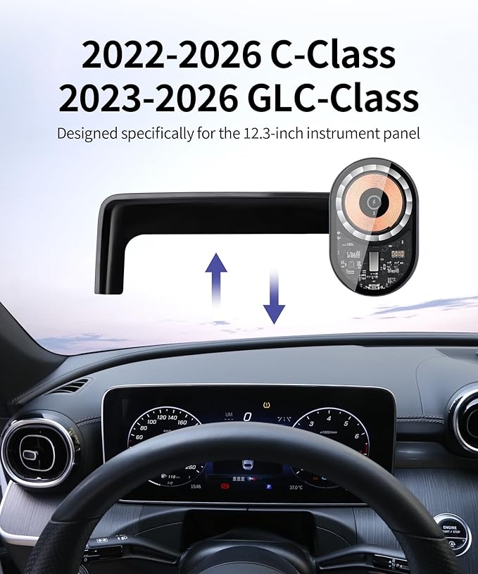 Wireless Charging Car Phone Holder for Mercedes Benz GLC-Class 2023-2026 / C-Class 2022-2026, 12.3" Screen Fixed Clip, 360° Rotation Car Phone Mount Compatible with MagSafe