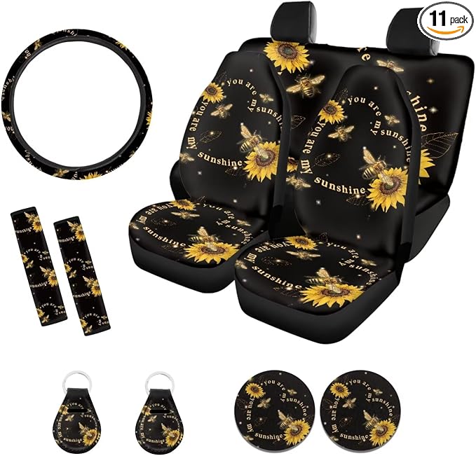 Xoenoiee Bee Sunflower Pattern Universal Car Seat Covers Full Set 11-pcs Car Interior Accessories, Car Coasters, Keychain, Steering Wheel Cover, Seat Belt Pad