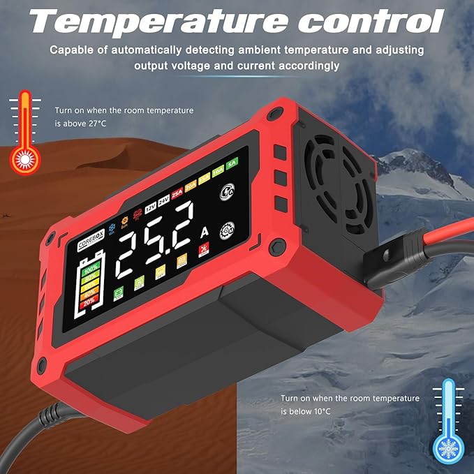 COREBOX Battery Charger 25-Amp 12V/24V Automatic Smart Battery Trickle Charger, Battery Maintainer Desulfator with Temperature Compensation for Car Truck Motorcycle Lawn Mower Marine