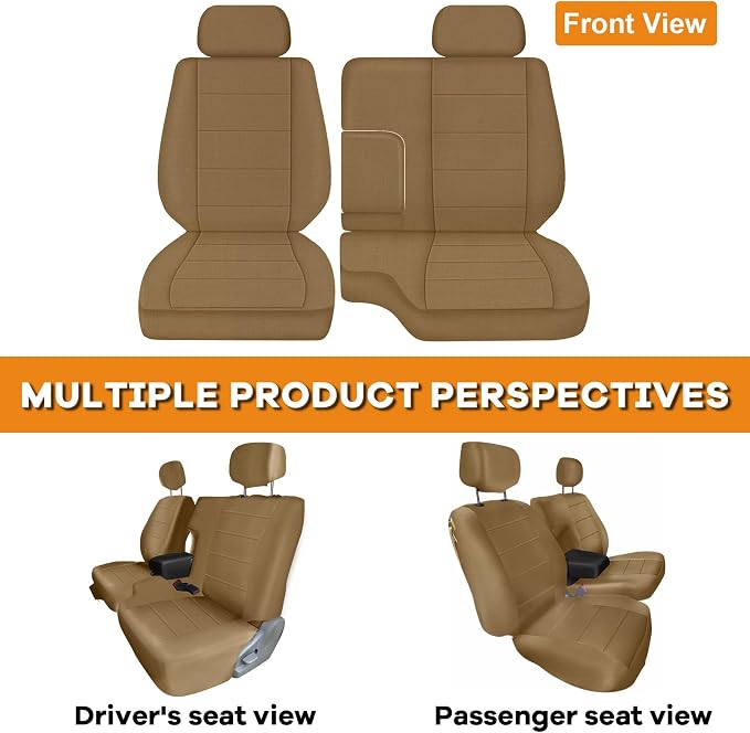 Truck Seat Cover Compatible with 1995-2000 Toyota Tacoma, Knitted Front Bench 60/40 Seat Covers with 2 Headrests and Center Console, Tan