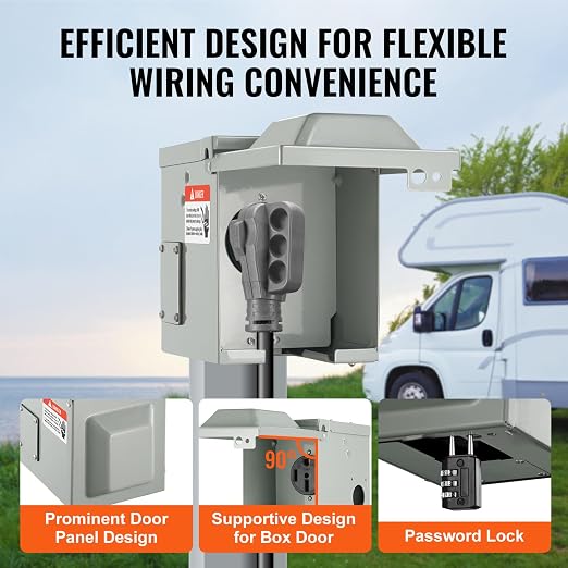 VEVOR 50 Amp RV Power Outlet Box, 125/250 Volt, Enclosed Lockable Outdoor RV Receptacle Box, NEMA 14-50R Weatherproof Electrical Panel, for RV Camper Trailer Motorhome Electric Car
