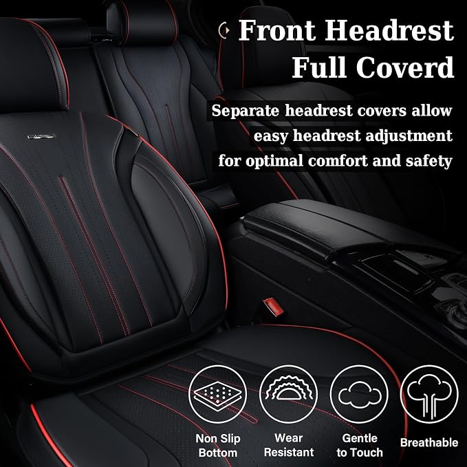 Coverado Front Seat Covers, Luxury Nappa Leather Seat Cover, 2 Pack Waterproof Seat Cover for Cars, Universal Front Car Seat Protector, Breathable Car Seat Cushion Fit for Most Cars(Black &Red Line)