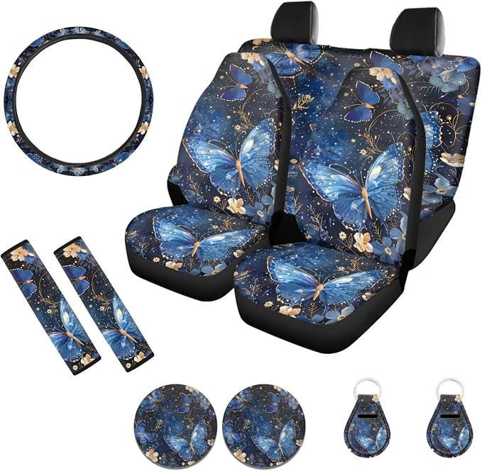 POLERO Butterfly Car Seat Cover Set for Women Floral Steering Wheel Cover Aesthetic Interior Accessories Full Set of 11pcs
