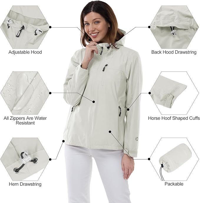 Outdoor Ventures Packable Rain Jacket Women Lightweight Waterproof Raincoat with Hood Cycling Bike Jacket