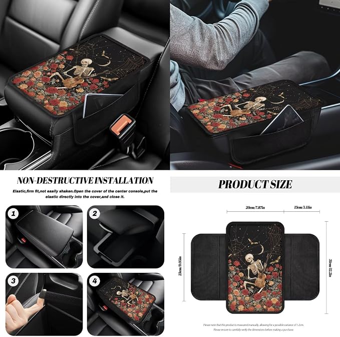 Skeleton Rose Print Full Set Car Seat Covers with Accessories Decorative Front and Rear Split Bench Seat Covers Steering Wheel Cover Armrest Cushion Universal Fit Sedan SUV Truck