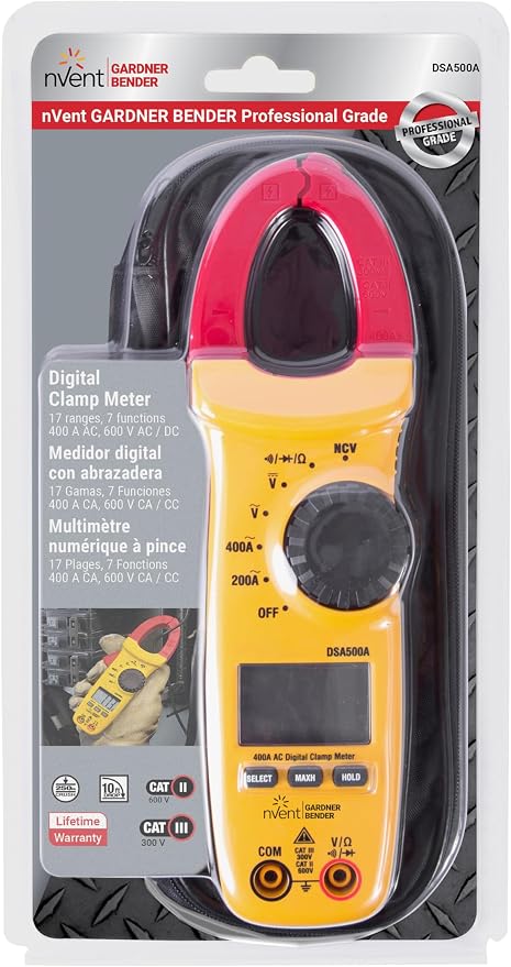 Gardner Bender Sperry Instruments DSA500A Digital Snap-Around Clamp Meter, 5 Function, 9 Range, 400-600V AC/DC, with Case, Measures Outlet & Panel Voltage, Yellow