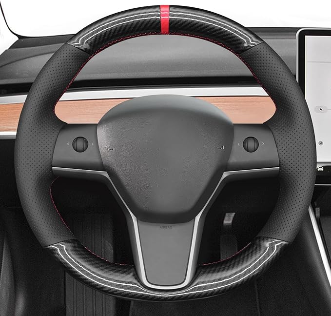 MEWANT Hand Stitch Shiny PU Carbon Fiber Real Leather Steering Wheel Cover for Tesla Model Y 2020-2023 Model 3 2017-2023