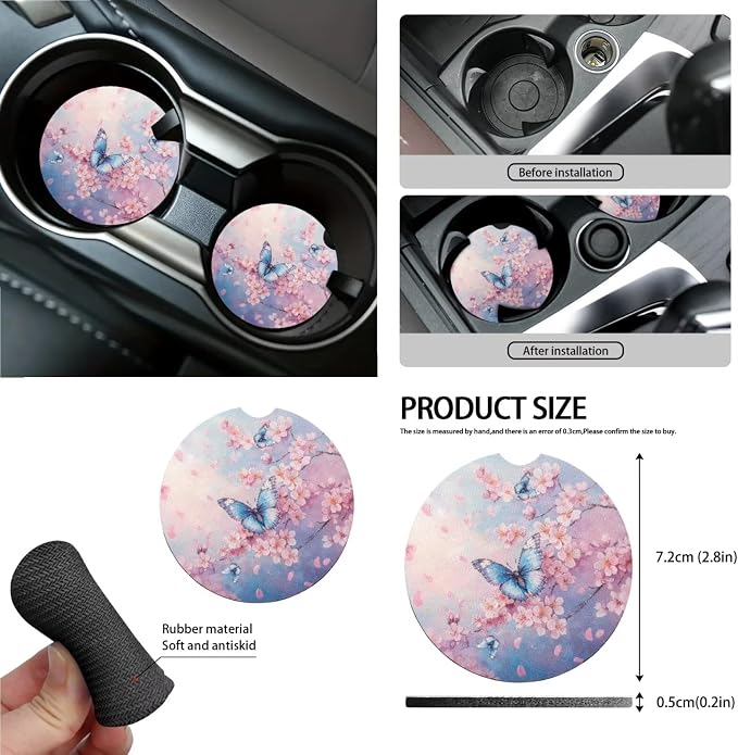 Butterfly Pink Cherry Blossom Print Car Accessories Car Seat Covers Full Set with Steering Wheel Covers+Seat Belt Pads+Coasters+Keychain+Lipstick Holder Universal Fit(13 Pack)