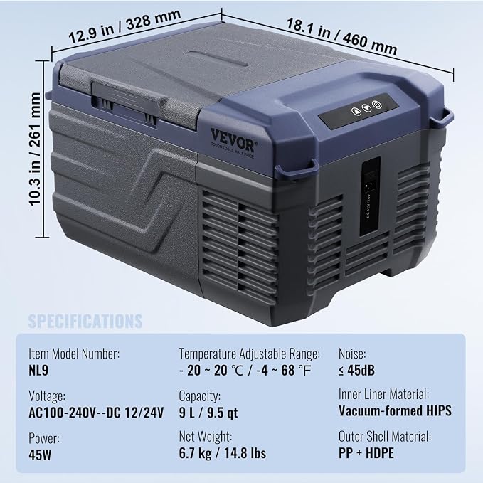 VEVOR Car Refrigerator, 12 Volt Car Refrigerator Fridge, 9 L Single Zone Portable Freezer Cooler, -4℉-68℉ Adjustable Range, 12/24V DC and 100-240V AC Compressor, for Outdoor, Camping, RV