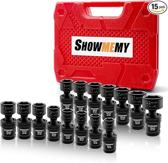 Drive Impact Universal Joint Socket Set, 6 Points, Shallow Swivel Socket Set, Cr-Mo Steel. Heavy Duty Storage Case (Metric 3/8", Metric 3/8")