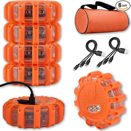 Ecoangel USB Rechargeable LED Road Flares Emergency Lights-Roadside Warning Car Safety Beacon Flashing Disc Flare Kit with Magnetic Base for Vehicles & Boat | 6 Beacon Disc Pack