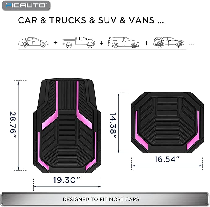 PIC AUTO Heavy Duty Rubber Floor Mats, Pink Aluminum Film Car Mats Set, Front and Rear Car Mats with Anti-Slip Backing, All Weather Protection, Trim-to-Fit for Automotive SUV, Sedan, Van