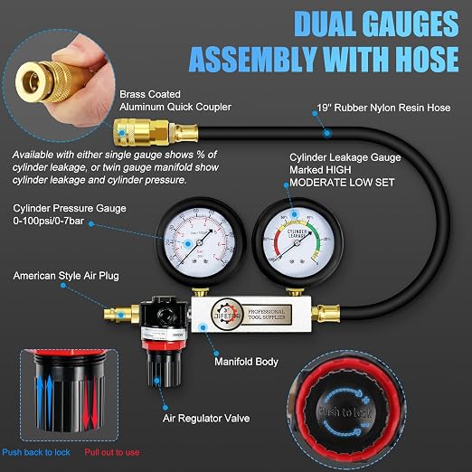 JIFETOR Cylinder Leak Down Tester Kit, Automotive Engine Compression Dual Gauge Leakdown Test Set with 10 12 14 18mm Spark Plugs Universal for Small Engine Motorcycle ATV, Blue Case