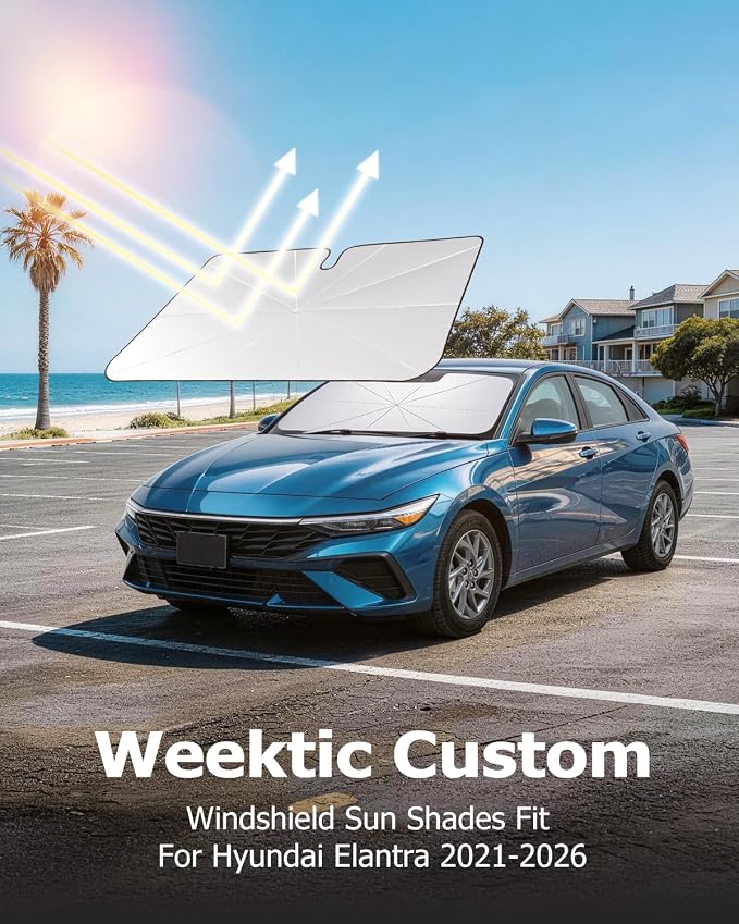 Weektic Custom Windshield Sun Shade Umbrella for Hyundai Elantra 2021-2026, [Double Thickened Ice Crystal Coating] Sun & Heat Protection, Keep Vehicle Cool & Protect Interior