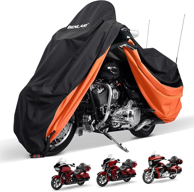 Benlari Waterproof Motorcycle Cover with Side Top Box Compatible with Harley Davidson Touring Ultra Limited Street Glide Road Glide Electra Glide Honda Outdoor All Weather Protection, 116" x 47" x 53"