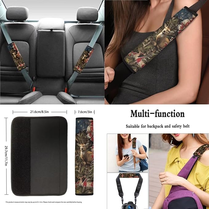 Deer Camo American Flag Pattern Car Seat Covers Full Set, 13 Pieces Car Accessories with 1 Steering Wheel Cover, 4 Seat Belt Covers and 4 Waterproof Coasters Universal Fit for SUV