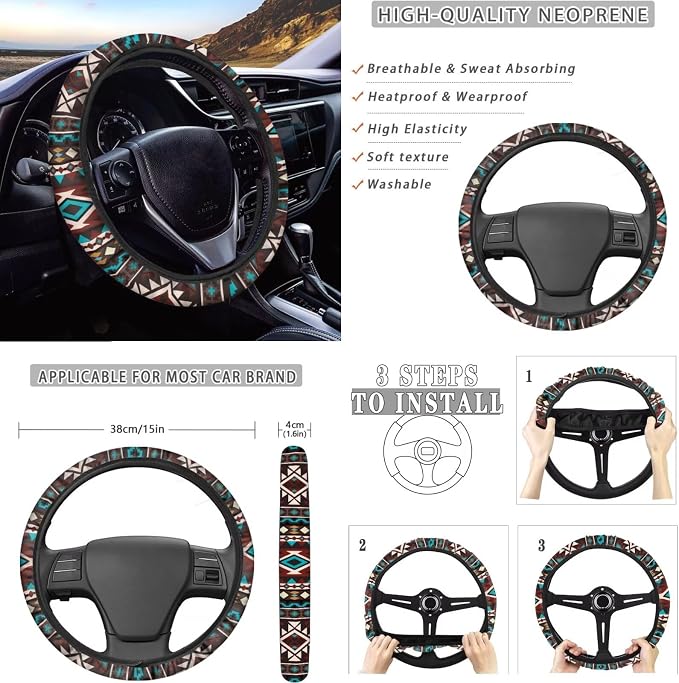 Dreaweet Tribal Navajo Print Car Seat Covers Full Set Southwestern Car Accessories 12 Piece with Steering Wheel Cover Armrest Covers Seat Belt Pads Cup Holders Gear Shift Handbrake Cover,Universal Fit