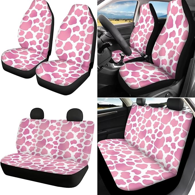 Pink Cow Print Car Seat Cover Set 18Pack 3D Print Headrest Protector Universal Steering Wheel Cover Seat Belt Pads Center Console Cushion Car Cup Holder Coaster and Keychain