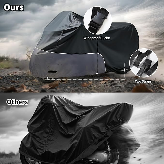 Motorcycle Cover 86 Inch with Relfection Strip, Compatible with Harley Davidson,Yamaha, Honda, Suzuki, Kawasaki All Weather Waterproof Outdoor and Dustproof Indoor, Black&Grey