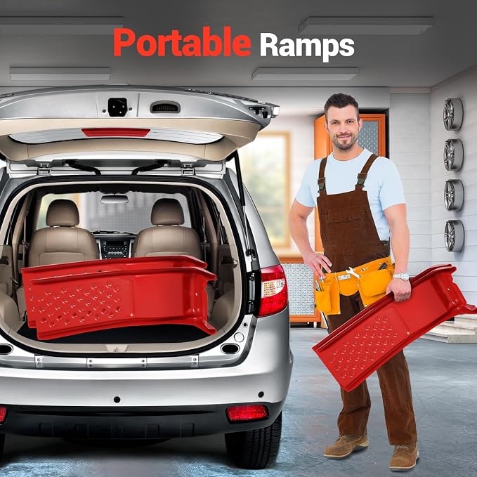 Garvee 8 in Lift Solid Steel Car Ramp 8000 LBS Capacity, 2000 LBS Per Ramps, Heavy Duty Truck Ramps for Car Repair or Vehicle Maintenance, 2 Pack Car Ramps, Red