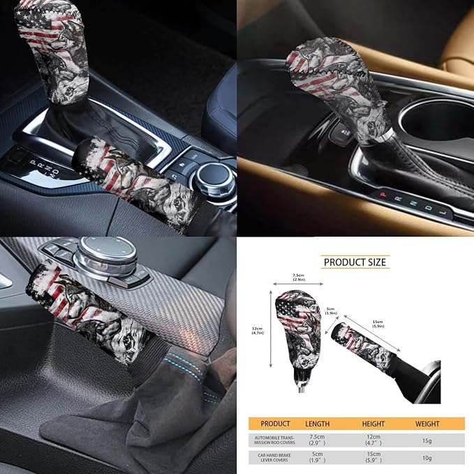KEIAHUAN American Flag Wolf Car Seat Cover Full Set Includes Front and Back Seats Protectors Covers Handbrake and Gear Shift Cover Cup Holder Car Headrest Covers Steering Wheel Cover