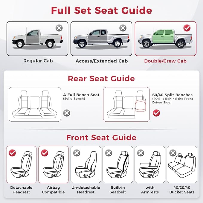 FREESOO Tacoma Seat Covers Custom Fit for Toyota Tacoma 2005-2015 Double Crew Cab Faux Leather Full Set Pickup Truck Seat Covers (Full Set, Black)