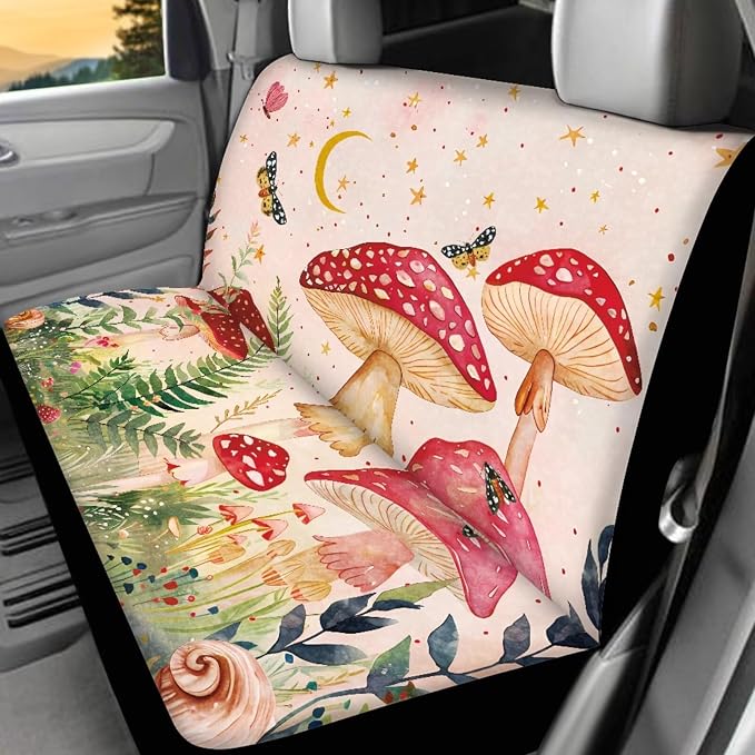 17Pcs Mushroom Car Accessories Full Set for Women Man,Starry Sky Mushroom Car Seat Covers Set for Front and Rear,Steering Wheel Cover Seat Belt Protector Set Car Floor Mats,Easy to Install