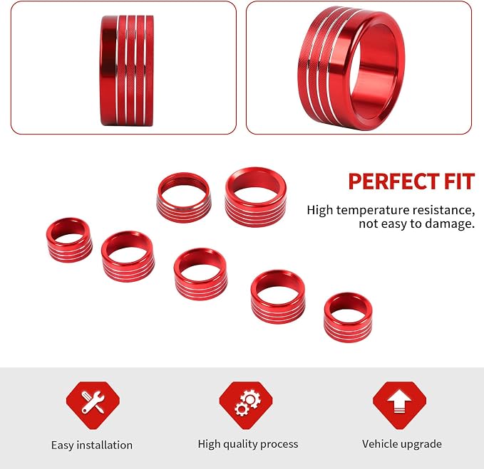 Jimen for Ram Center Console Knob Covers, 7PCS AC Air Conditioner Audio Volume Button & Headlight Switch & 4WD Shifter Knob Ring Trim Fit for Dodge Ram 2018-2025 (Red)