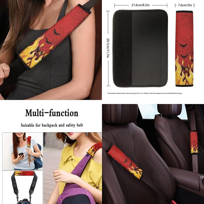 Flame Spiderweb Bats Car Interior Accessories Set of 8, Car Seat Covers Full Set with Auto Steering Wheel Cover Center Console Pad Seat Belt Covers, Auto Halloween Decorations