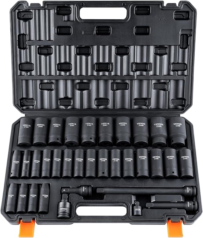 VEVOR 1/2" Drive Impact Socket Set, 34 Piece Socket Set Metric 8-36mm, 6 Point Cr-MO Alloy Steel for Auto Repair, Easy-to-Read Size Markings, Rugged Construction, Includes Storage Case