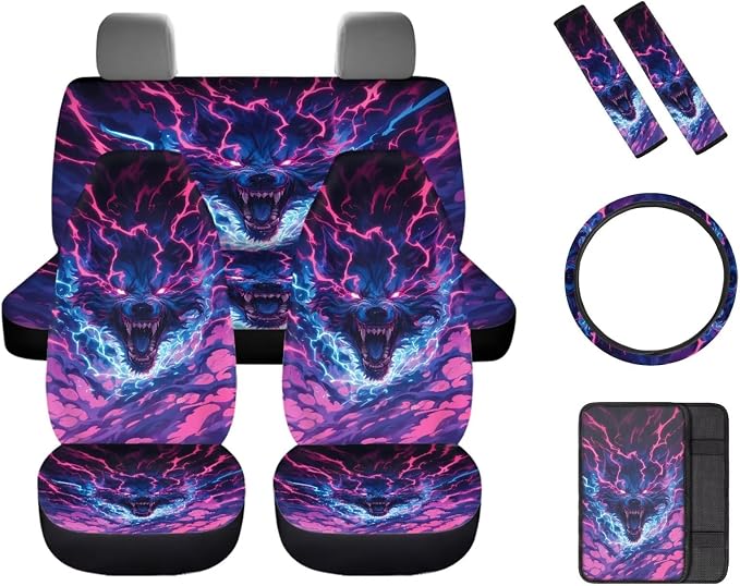 Cool Wolf Lightning Print Car Interior Accessories Set of 8, Car Seat Covers with Auto Steering Wheel Cover, Center Console Pad, Seat Belt Covers, Automotive Decorations