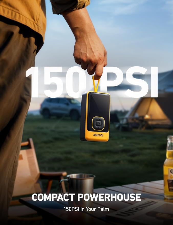 AstroAI L7 Air Tire Inflator Portable Air Compressor, 150PSI Electric Cordless Car Pump with Digital Gauge, Fast 1-Min Inflation, Auto Shutoff, LED Light for Car, SUV, Motorcycle & Bike Tires, Yellow