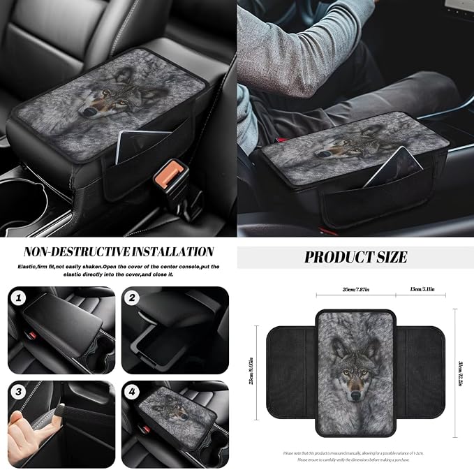 Wolf Print Car Seat Covers Full Set High Back Bucket Seat Covers with Steering Wheel Cover Center Console Armrest Pad Seatbelt Pads Car Rear View Mirror Protector Garbage Bag