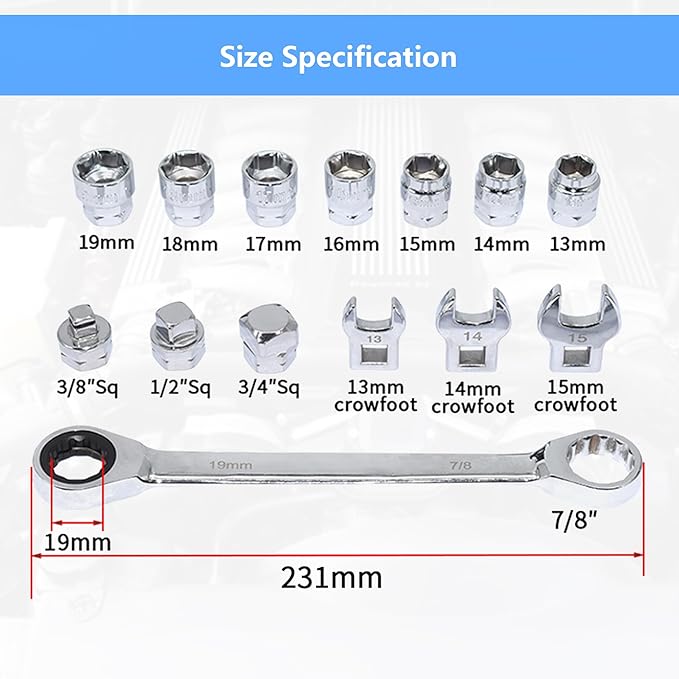 15pcs Universal Ratcheting Serpentine Belt Tool Set, Serpentine Belt Removal Installation Tensioner Kit with Ratcheting Wrench, Crowfoot Wrenches, Socket Adapters, 6-Point Sockets