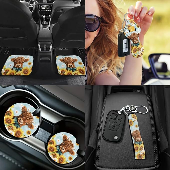 Highland Cow Car Seat Covers Full Sets 17 Pack Sunflower Car Accessories Set with Auto Front Rear Foot Carpet,Sunflower Seat Belt Shoulder Pad,Steering Wheel Covers,Cup Mats,Universal Fit