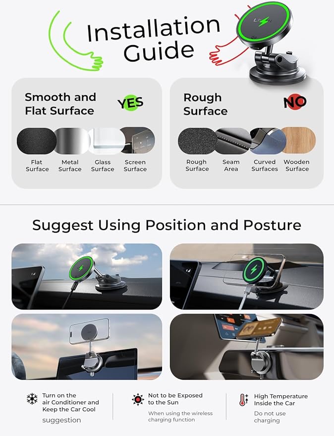 LISEN 15W Magsafe Car Mount Charger, Magnetic Wireless Car Charger, Suction Phone Mount, Vacuum Magnetic Phone Holder for Car Charger for iPhone 17 Pro Max 16 15 14 13 12, Samsung S26/S25,Pixel 10 Pro