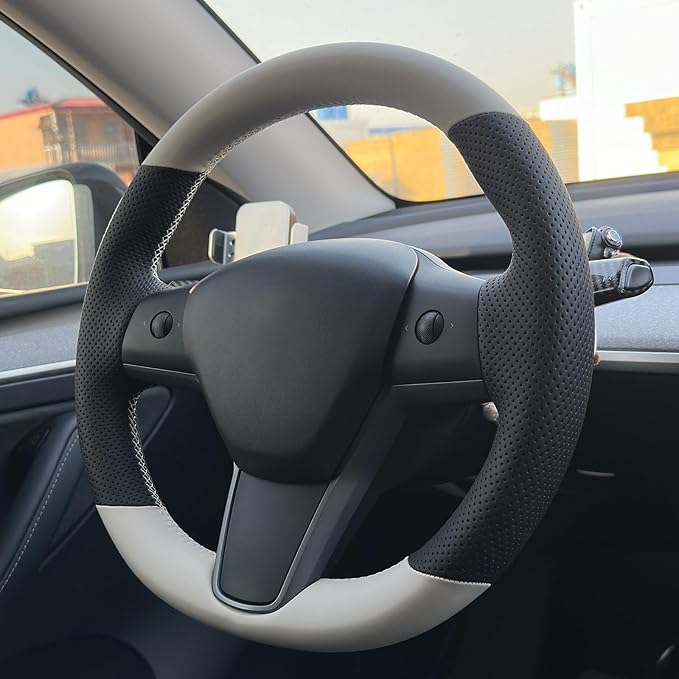 MEWANT DIY Hand Stitch Steering Wheel Cover for Tesla Model Y Model 3 Black Beige Faux Leather Steering Wheel Wrap