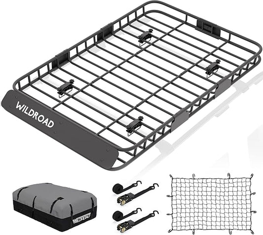 Wildroad Car Roof Cargo Basket Combo of Upgraded 64"x 39"x 4" Roof Rack Cargo Basket with 21 Cubic ft Waterproof Cargo Bag, Cargo Net, Ratchet Straps and Anti-Rust Sealant