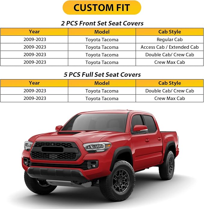 Seat Covers Front Set Compatible with Toyota Tacoma Custom 2009 to 2024 TRD Sport Off-Road TRD Pro Limited SR SR5 Package Access Double Extended Cab Pickup Truck Seat Cover (2Pcs Front Set,Black Red)