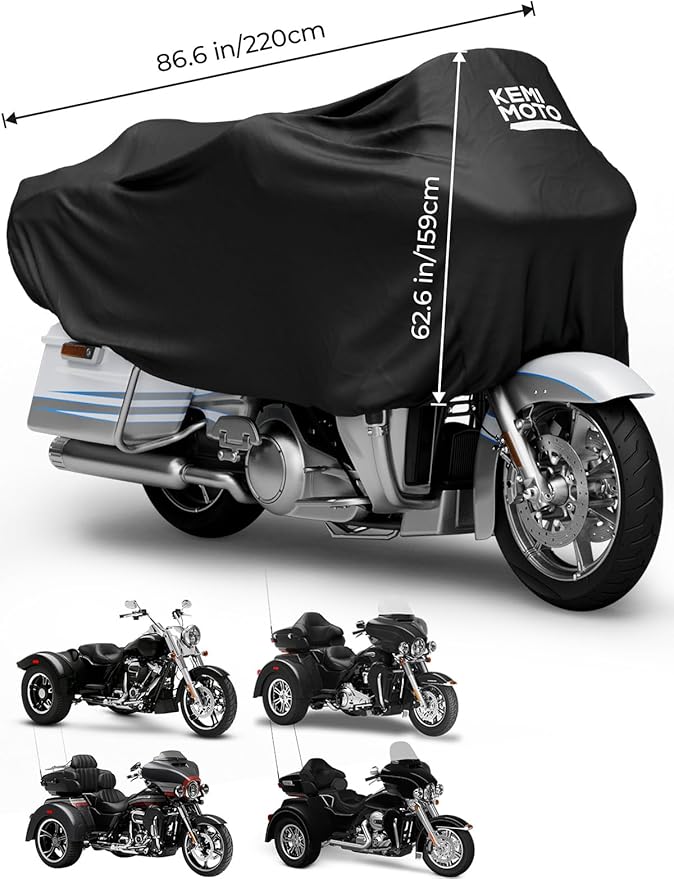 KEMIMOTO Heavy Duty 300D Waterproof Motorcycle Half Cover Fit for Trike, Touring, Touring Ultra Street Road Glide Road King 3 Wheel Tri Glide Goldwing Freewheeler Outdoor All Weather Protect