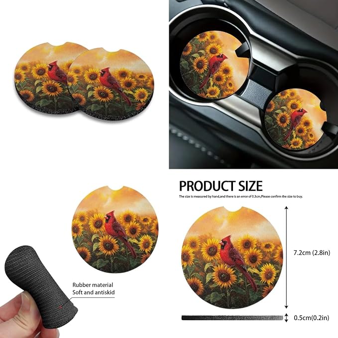 Cardinal Sunflower Pattern Auto Seat Covers Full Set, Car Interior Decor Set of 10 Steering Wheel Cover Cup Coasters Car Trash Can Air Vent Pounch Bag Keychain Universal Fit Most Cars