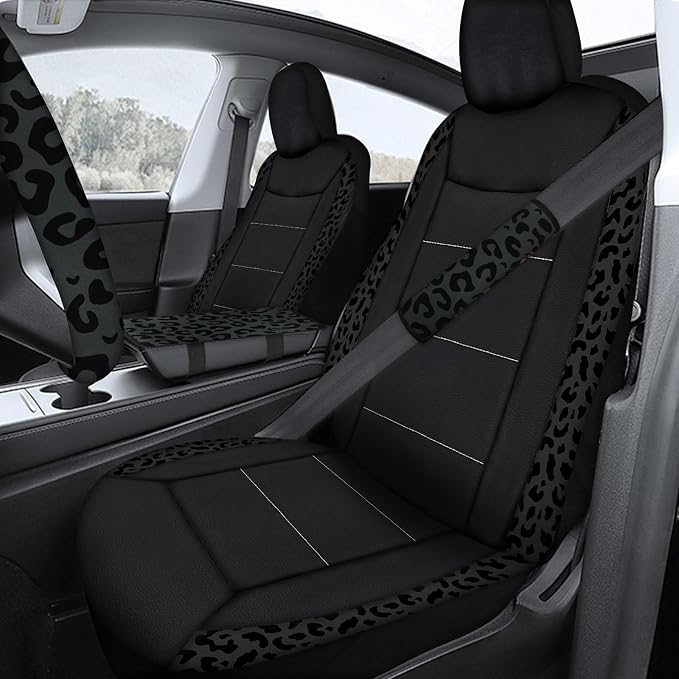 23 Pcs Leather Car Seat Cover Full Set for Women,Universal Car Seat Cover,Print Printing Car Steering Wheel Cover Center Console Armrest,Sunglass Holder Accessories Full SUV(Black leopard print)