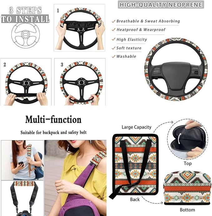 XYZCANDO Ethnic Tribe Auto Seat Cover Sets 15 PCS Car Seat Cover Set Car Rear View Mirror Cover Steering Wheel Cover Seat Belt Pads Cover Garbage Bag Storage Box Coasters Keychain Fit Most Cars
